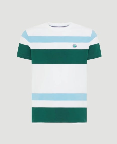 Men's T-shirt with bold colour blocked stripes front and back in dark green and sky blue  #Front Image