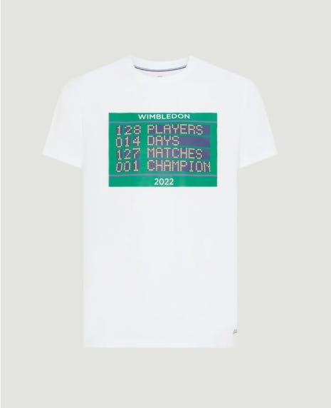 Men's White t-shirt with Wimbledon scoreboard design highlighting stats from The Championships. #Front Image