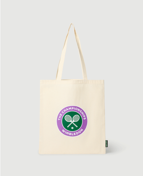 A natural coloured cotton tote bag with a large central Wimbledon Championships logo.