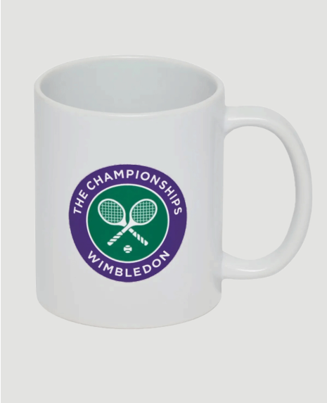 White Cambridge style mug with full colour Wimbledon Championships Logo on the side.