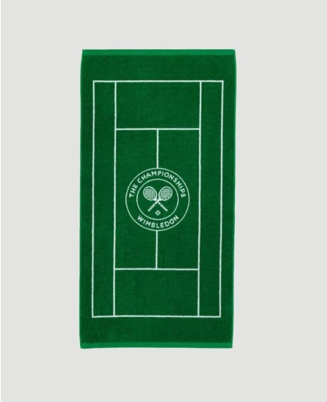 Rectangular beach towel in green featuring white tennis court lines and Wimbledon logo front and center #Main image