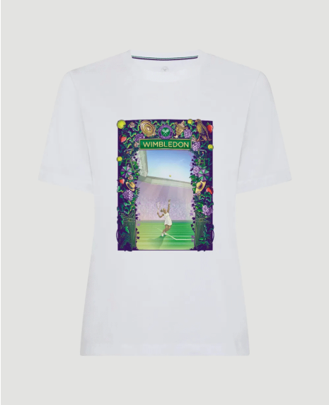 A white t-shirt with the 2023 Wimbledon poster on the front. The poster features an illustrated lady about to serve on Centre Court, with all things Wimbledon creating a border around the image.
